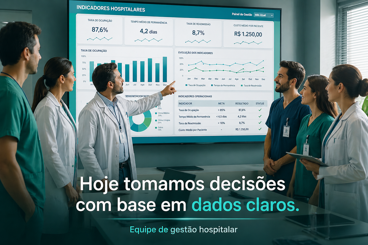 Profissionais de saúde analisando indicadores hospitalares