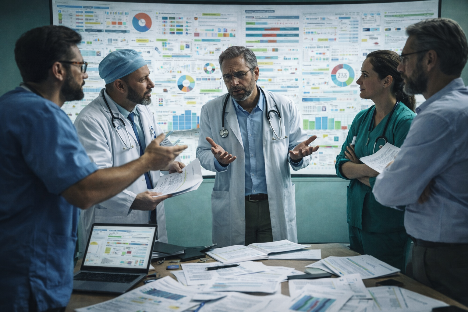 Profissionais de saúde analisando a gestão hospitalar