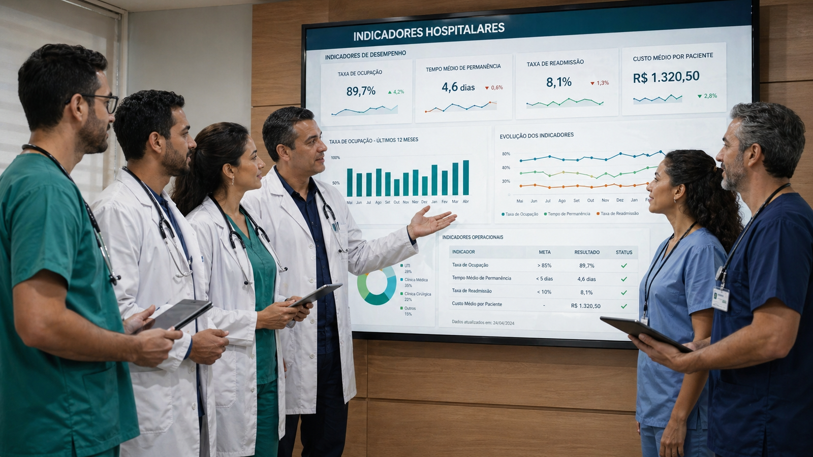 Profissionais de saúde analisando indicadores hospitalares