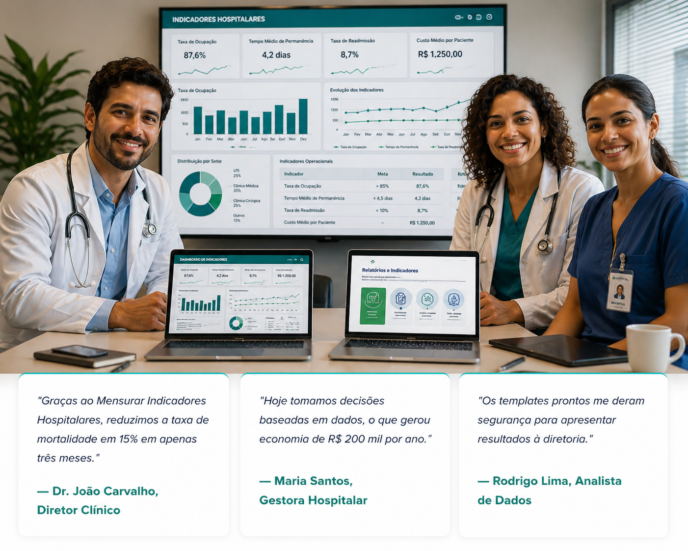 Equipe analisando indicadores hospitalares