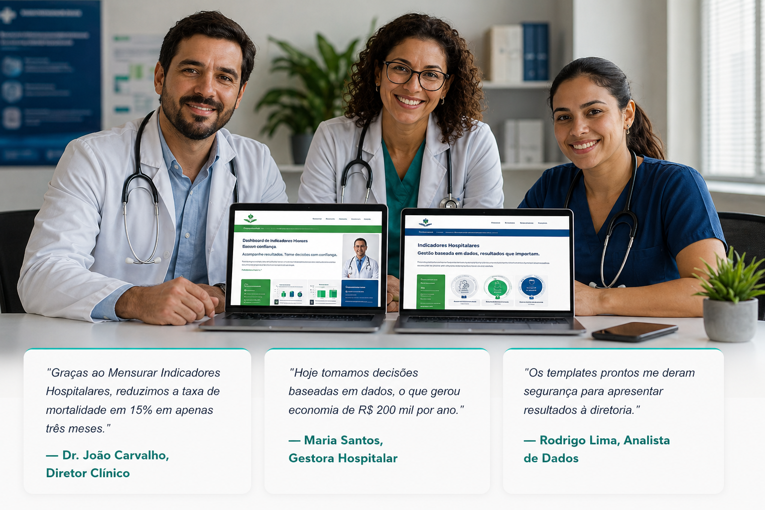 Equipe analisando indicadores hospitalares